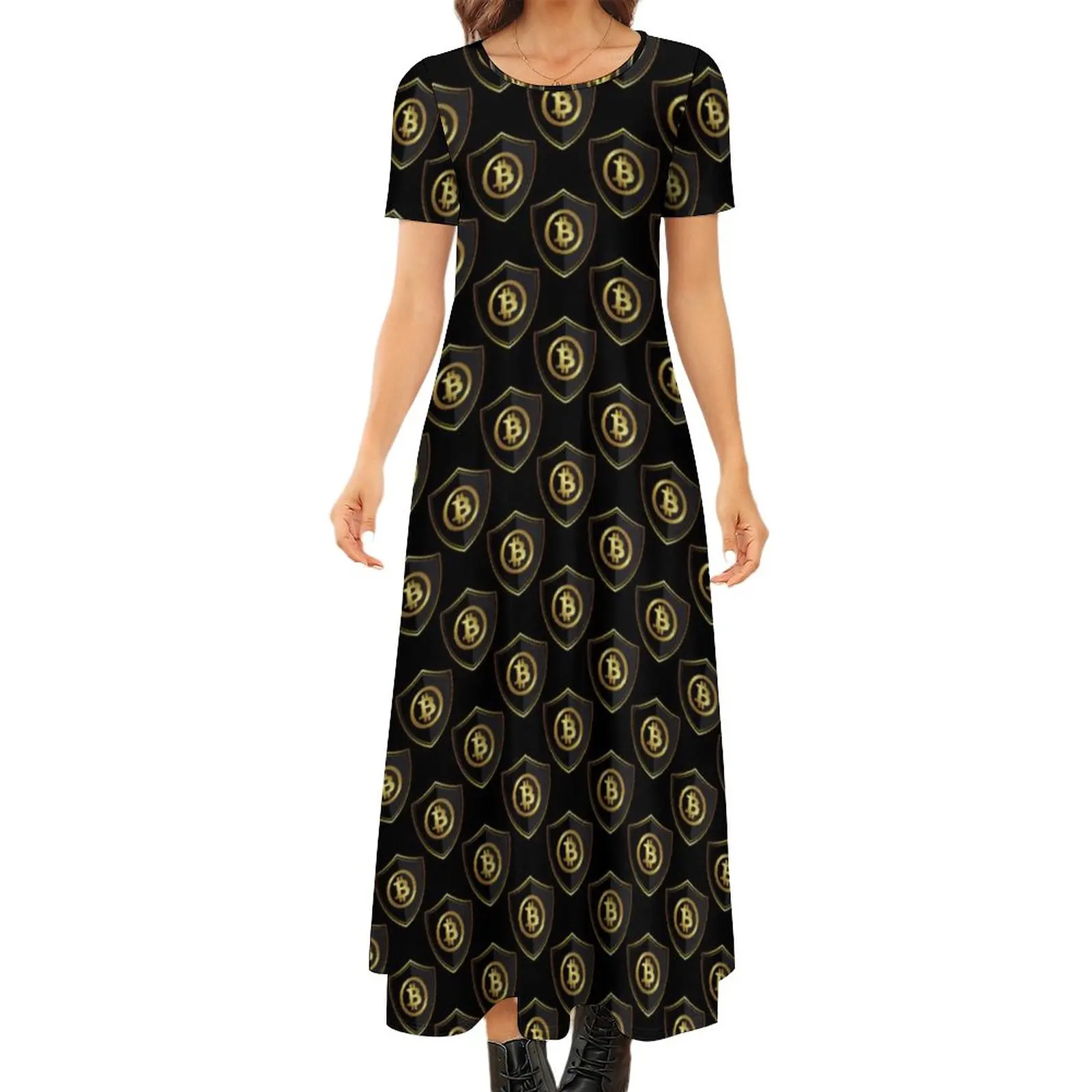 

Bitcoin Armored Crest Dress Gold Coin Print Cute Maxi Dress Short Sleeve Street Fashion Bohemia Long Dresses Big Size 6XL 7XL