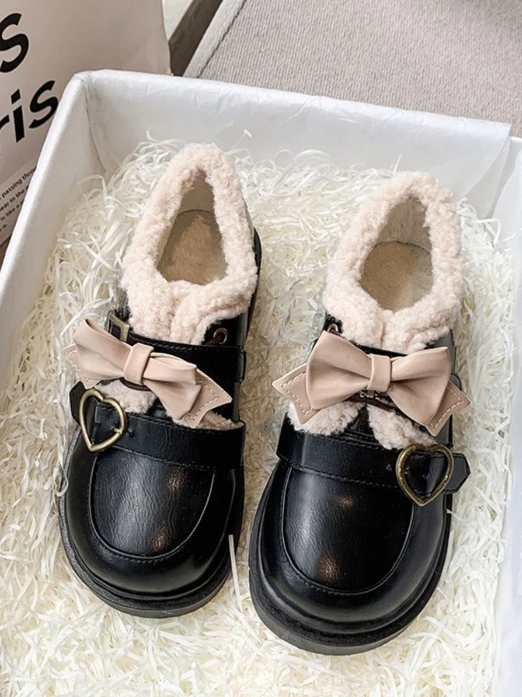 

Туфли Lolita Sweet Mary Janes женские теплые в студенческом стиле милые туфли на плоской подошве с бантом женские дизайнерские милые плюшевые туфли с ...