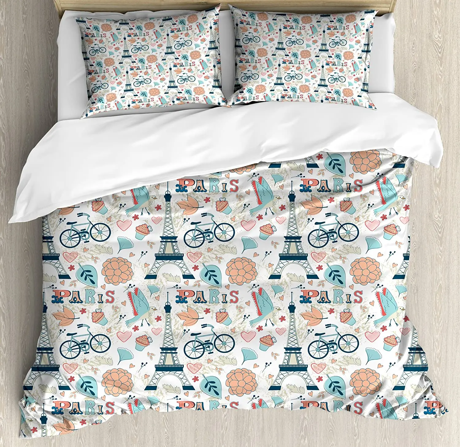 

Paris Bedding Set For Bedroom Bed Home Dove Cupcake Eiffel Tower Flowers Falling Leaves Lo Duvet Cover Quilt Cover Pillowcase