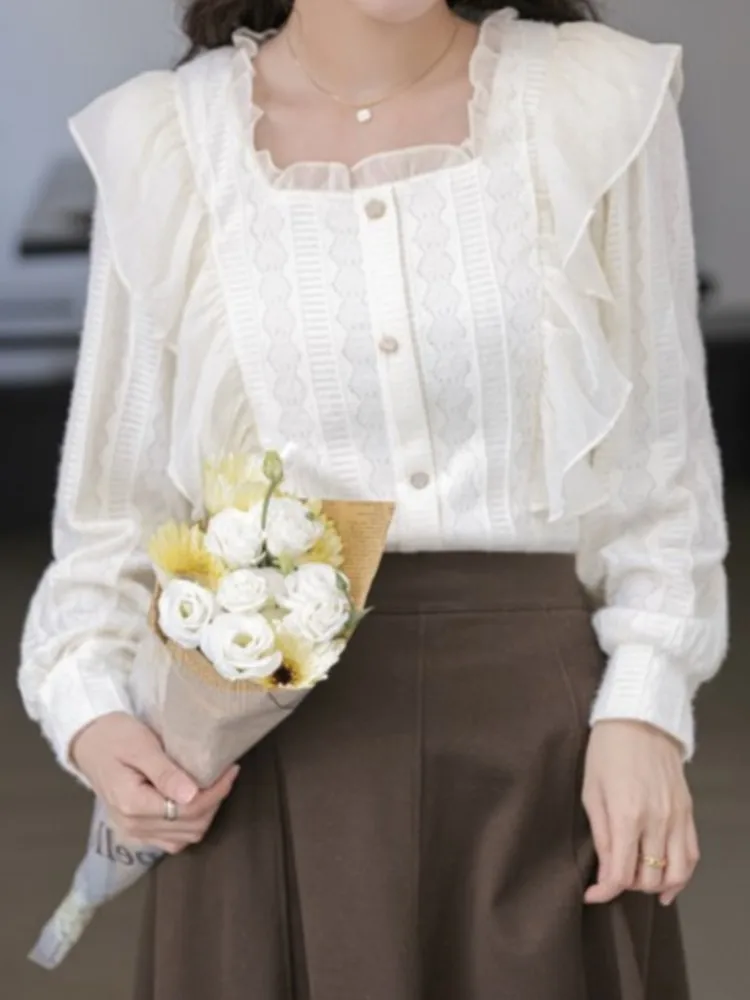 Осенние рубашки с оборками блузки корейские однотонные элегантные и молодежные