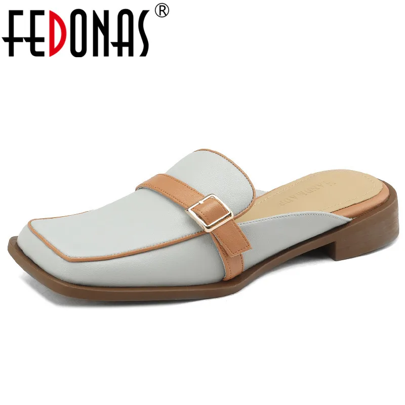 

FEDONAS Women Pumps Casual Low Heels Slippers Square Toe Mixed Colors Genuine Leather Mules Shoes Woman Spring Summer Fashion