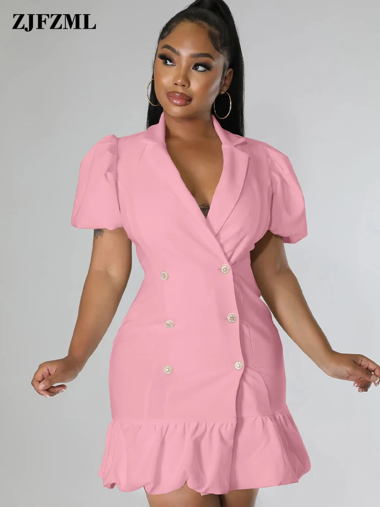 

Sweet Girls Women's Bodycon Blazer Dresses Classic Nothced Collar Puff Short Sleeve Vestidos Double Breasted Ruffle Hem Dress