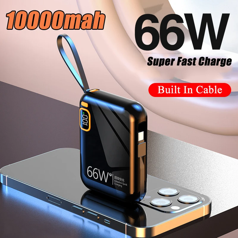 

10000mAh Portable PD Fast Charging Power Bank 66W with Built-in Type-C Cable External Battery Charger for Huawei Xiaomi