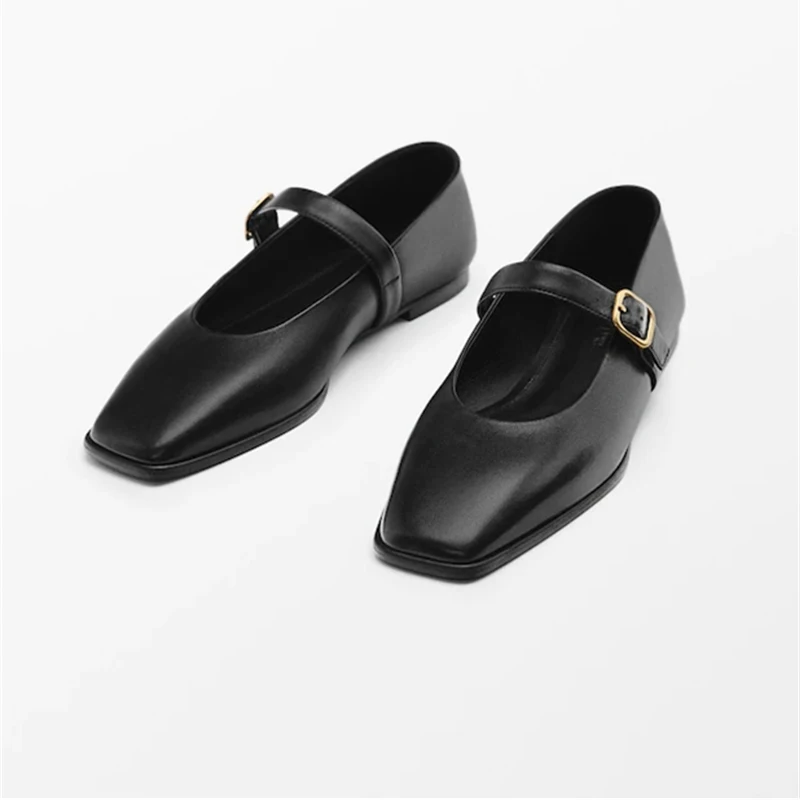 

MOOQDAAX 2023 New Women Fashion Genuine Leather Mary Jane Shoes Square Head Shallow Flats Solid Simple Casual Female Chic