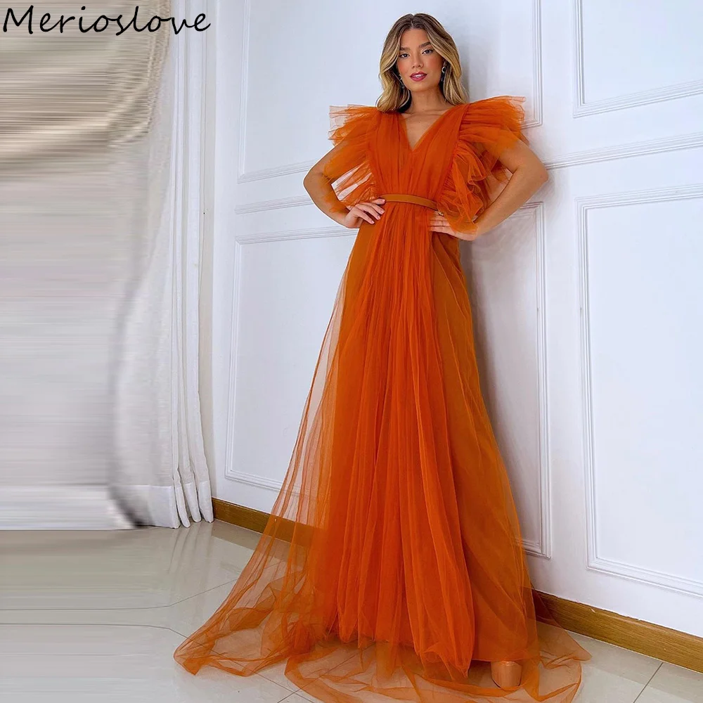 

Merioslove Elegant Tulle Prom Dresses V-Neck Cap Sleeves A-Line Pleat Saudi Arabic Party Evening Gown Formal Occasion Dress