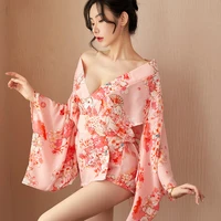 japanese kawaii pink kimono sakura print short belt with bow sexy cosplay women raditional style robe yukata outfit tradition