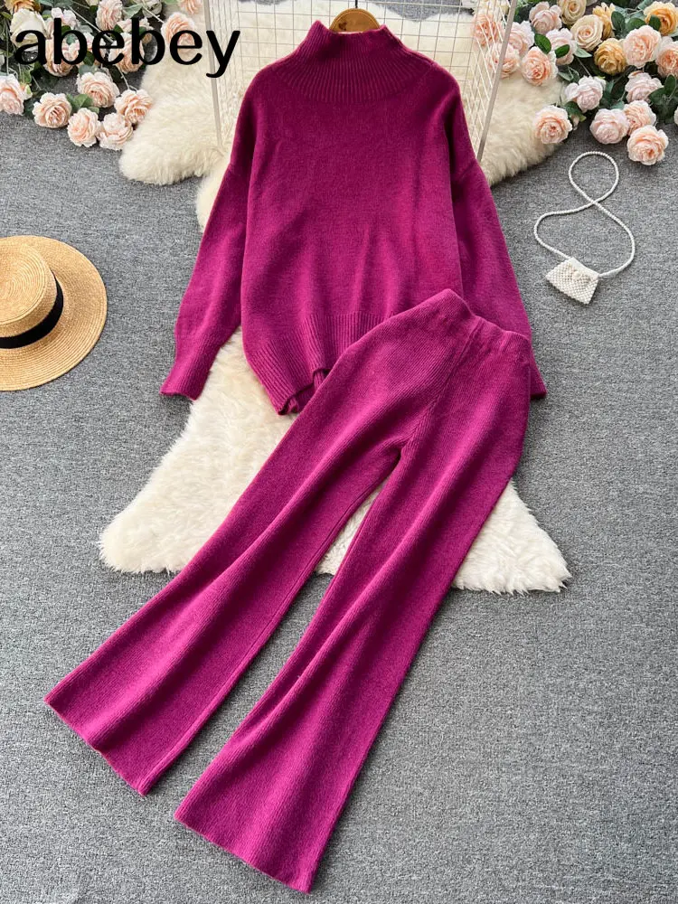 Fashion Turtleneck Long Sleeve Pullover Top+Wide Leg Pants Suit Elegant Outfits Autumn Women Casual Winter Two Piece Set Sweater