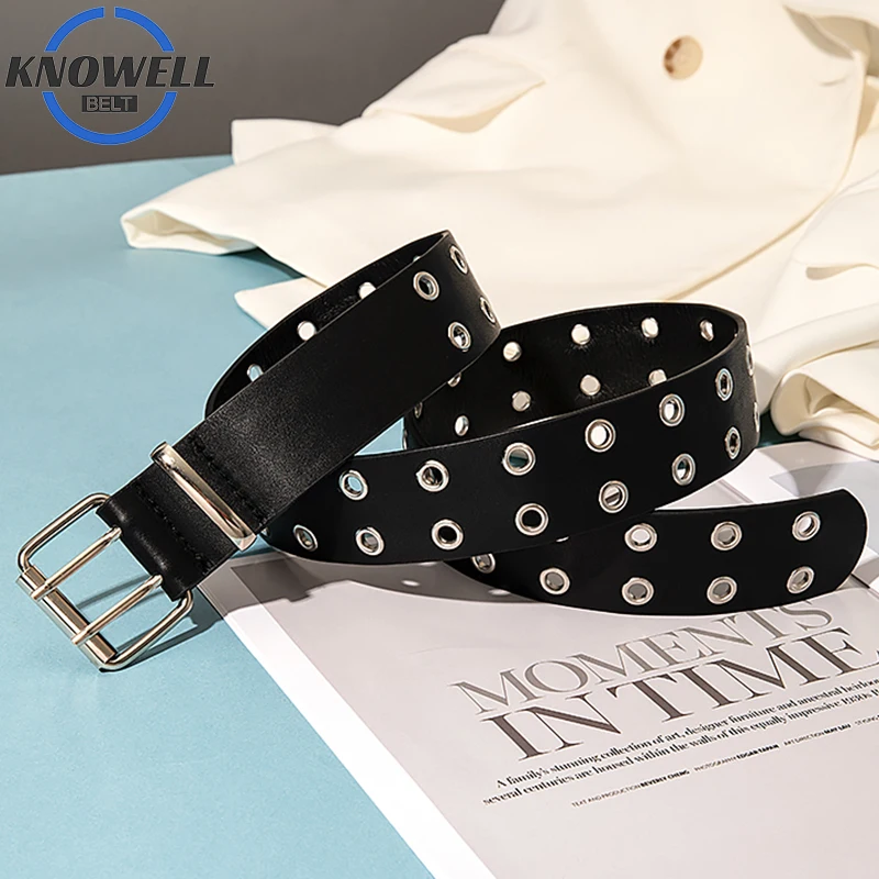 

Punk Goth Belts For Women Solid Black Y2K Studded Belt Female Hip Hop Pu Leather Fashion Casual Buckle Waistband For Jeans Pants
