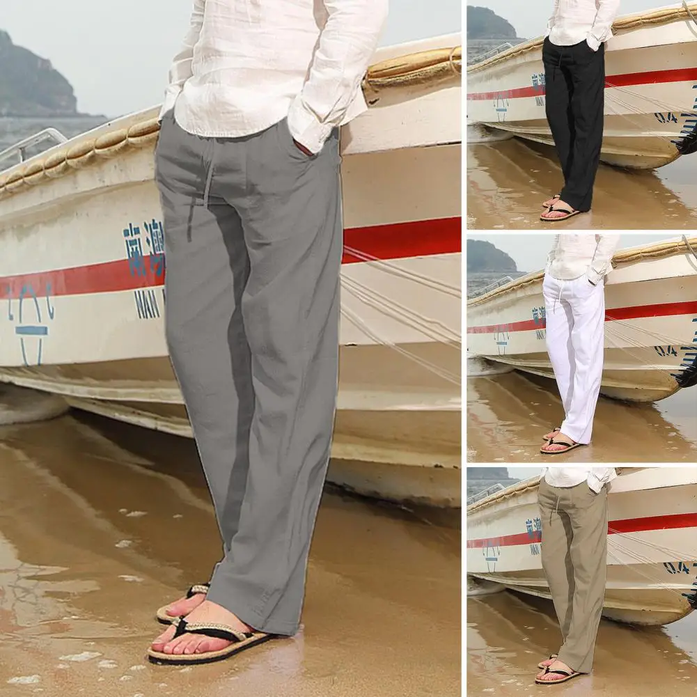 

Брюки мужские однотонные с эластичным поясом, повседневные свободные штаны со средней талией, с карманами на завязках, летние