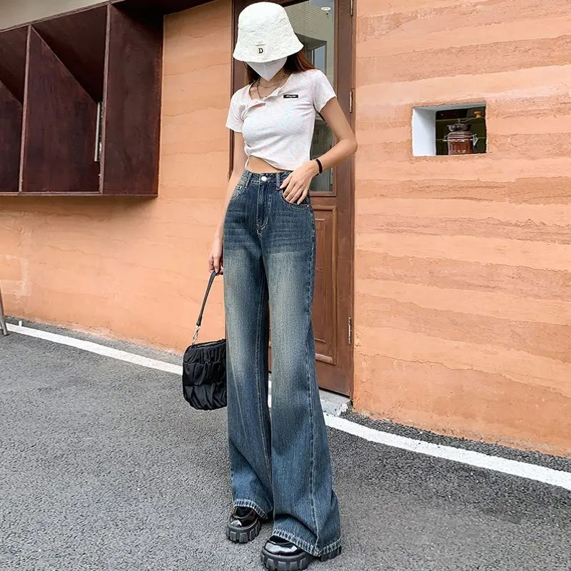 Retro Jeans Spring Autumn Women's High Waist Slimming Loose Korean Style Straight Wide Leg Long Pants High Street Trousers