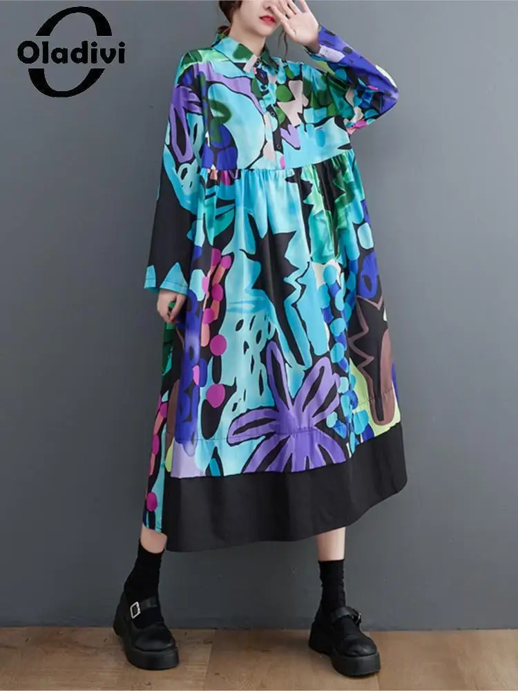 Oladivi Large Size Women Fashion Floral Print Long Sleeve Dress 2022 Spring Autumn Casual Loose Dresses Oversized Clothing 6853