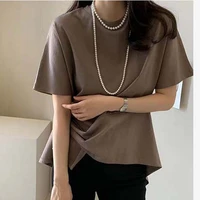 summer hem side slit irregular simple t shirt casual pullover elegant chic leisure ladies t shirt 2022 summer korea japan