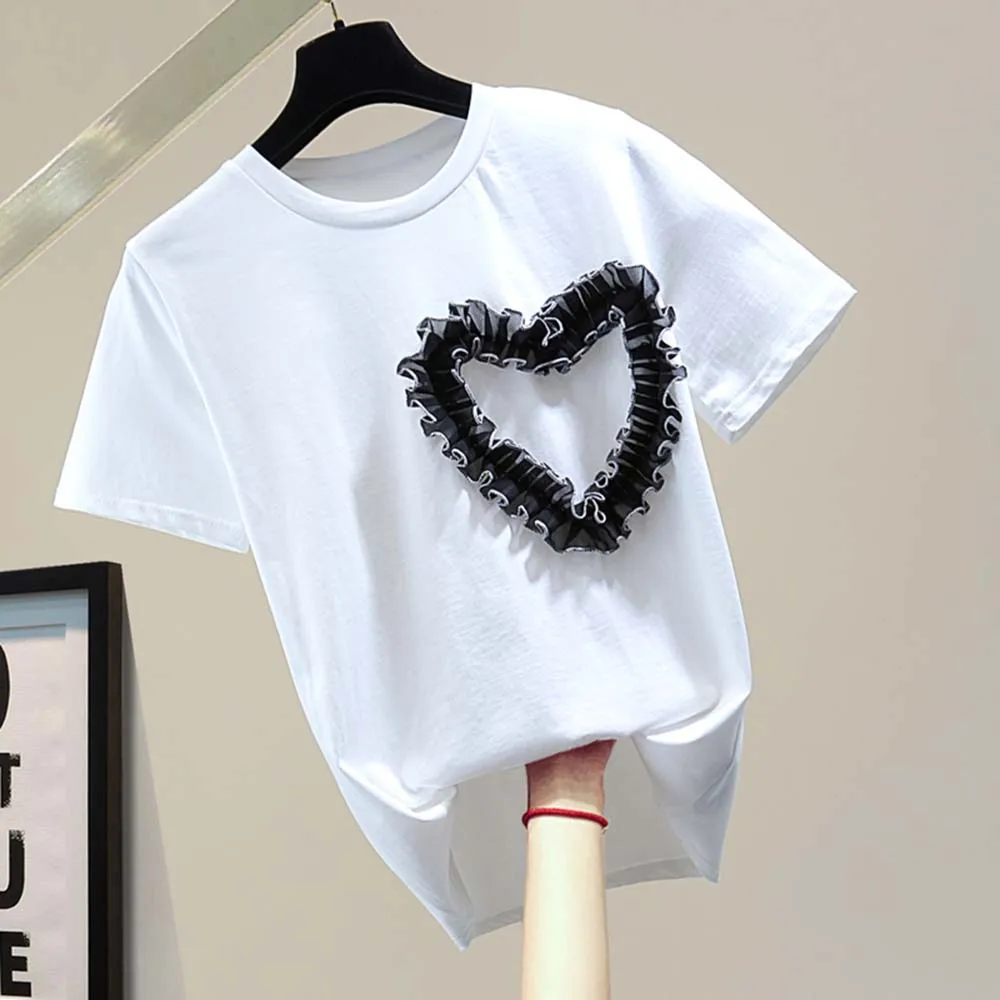 

Women's T-Shirt Round Neck Heart Shaped Short Sleeve Standard Loose Simple Fashion 2022 Summer New Casual Top White Basic Tee