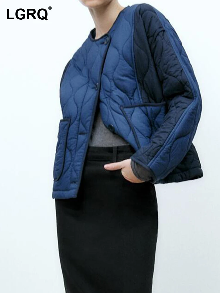 

LGRQ Fashion Women's Cotton-padded Coat New O-neck Single Breasted Contrast Color Patchwork Jackets Female Winter 2023 19J2422