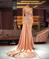 dubai arabic long sleeve evening night dresses 2022 high neck illusion beads crystal handmade long formal wedding prom party gow