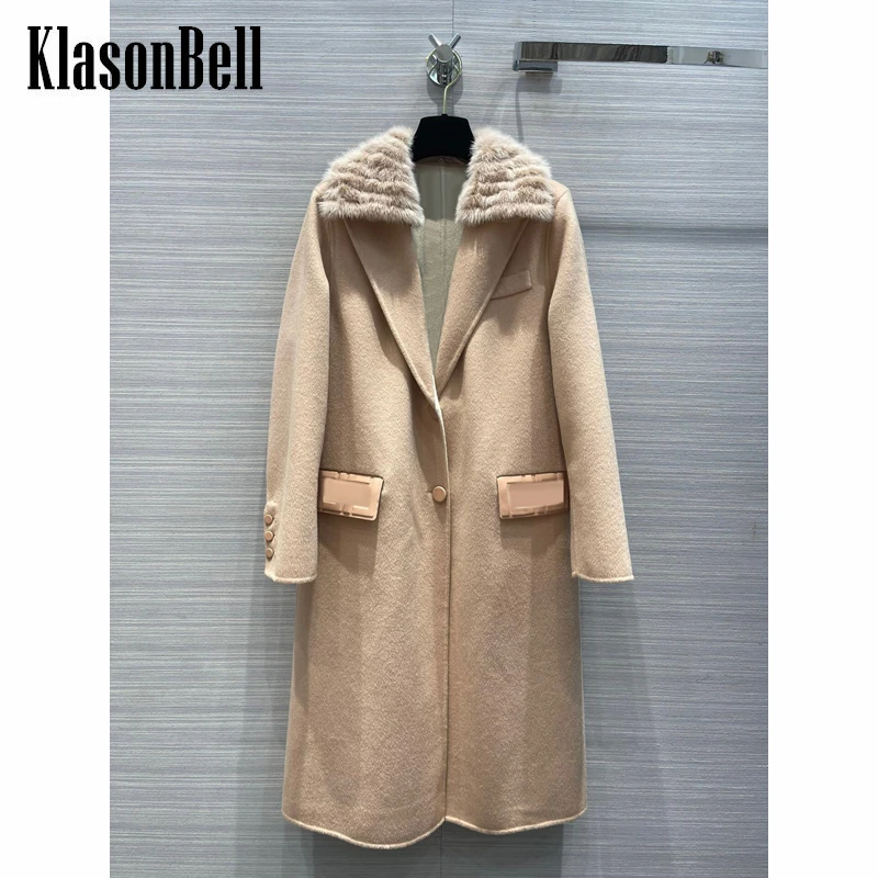 

10.8 KlasonBell High Quality Detachable Fur Collar Patchwork Letter Genuine Leather Midi Cashmere Wool Coat Women