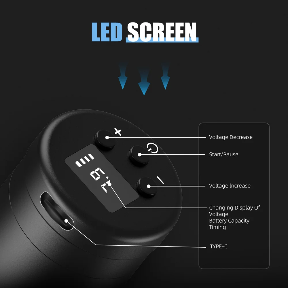 Беспроводная электрическая тату-машинка DQFART T1 с LED-подсветкой (3 цвета), 1500 мАч, для тату-чернил Ren Blue Soap, профессиональная, для тату-мастеров (art.: 3920dc75841fe) - 3920dc75841fe