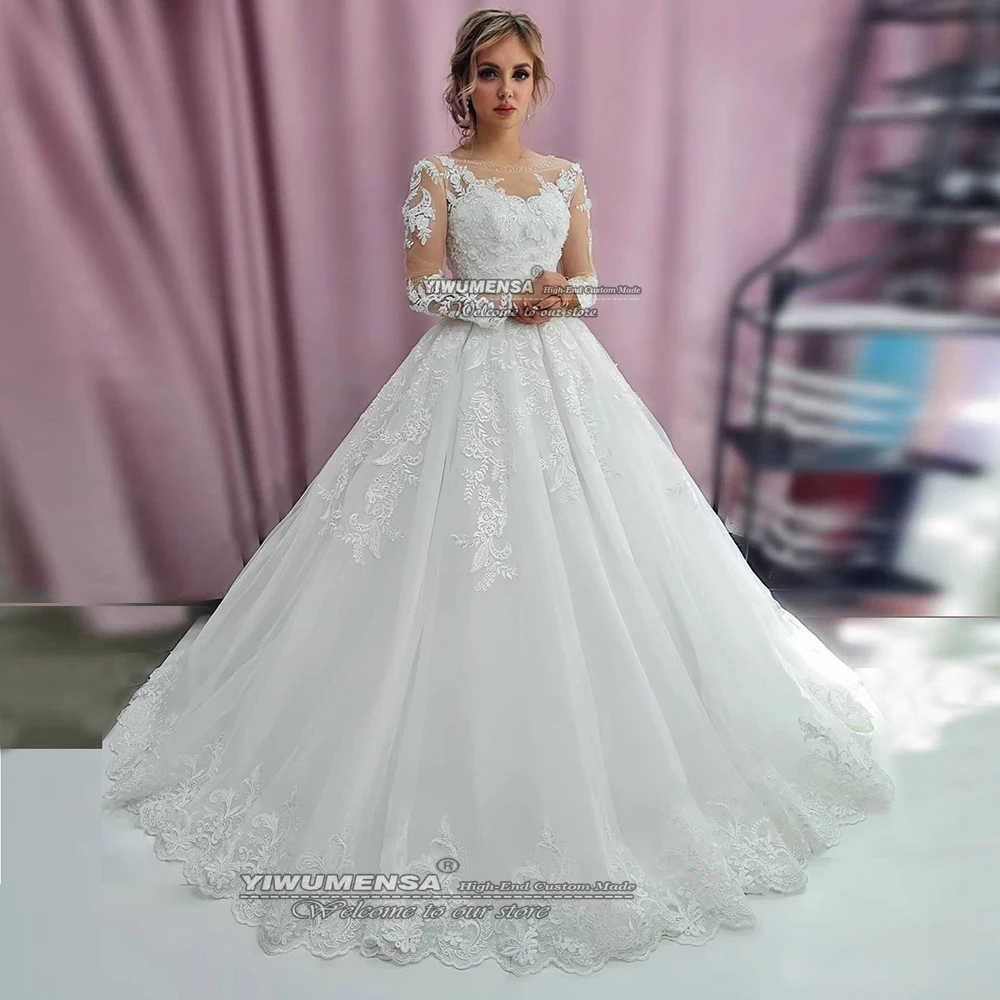 

YIWUMENSA Princess A Line Wedding Dresses O Neck Beaded Apppliques Skin Tulle Lace-Up Back Buttons Bridal Gowns Robe De Marriage