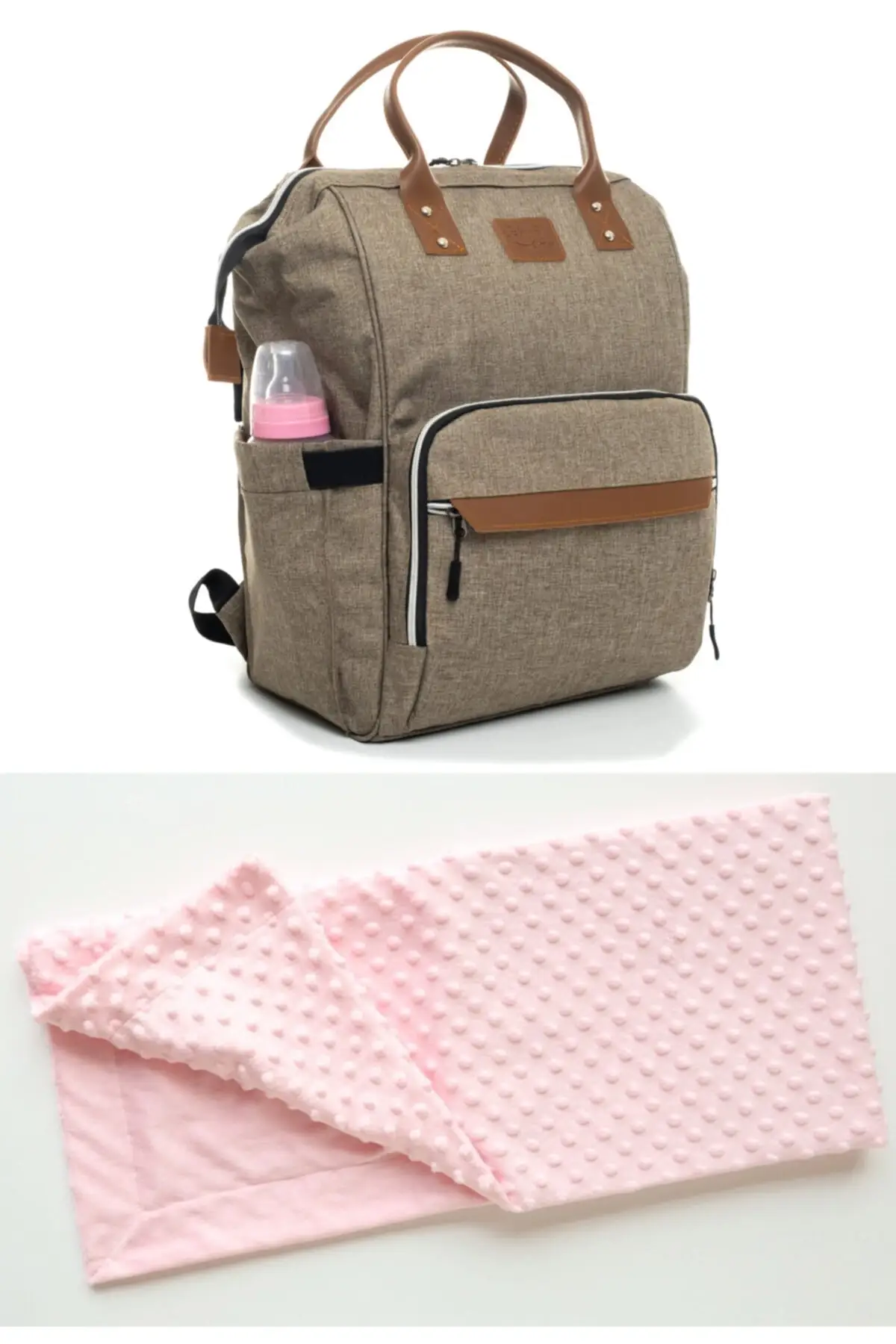 Waterproof thermal compartment baby care backpack mother baby care backpack and Nohut blanket set textile beige children