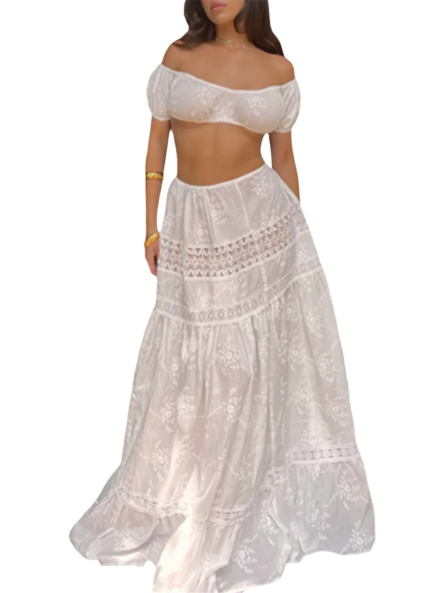 

Conjunto de 2 piezas para mujer falda larga con hombros descubiertos y falda larga de cintura alta Blanco S