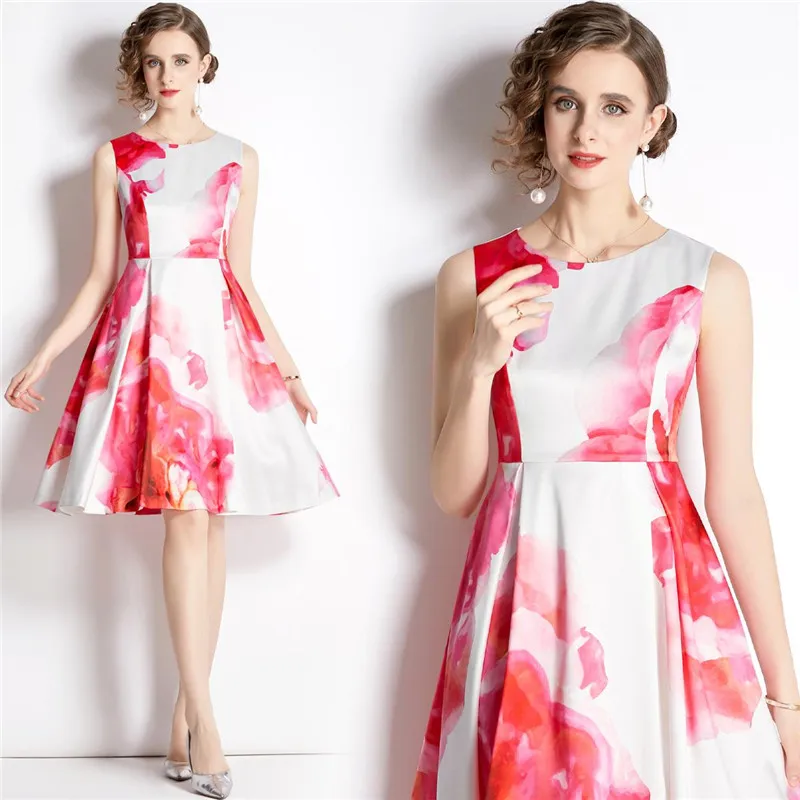 

Женское плиссированное платье до колен, красное и белое Повседневное платье без рукавов с рюшами, универсальные платья в стиле ретро, весна-...