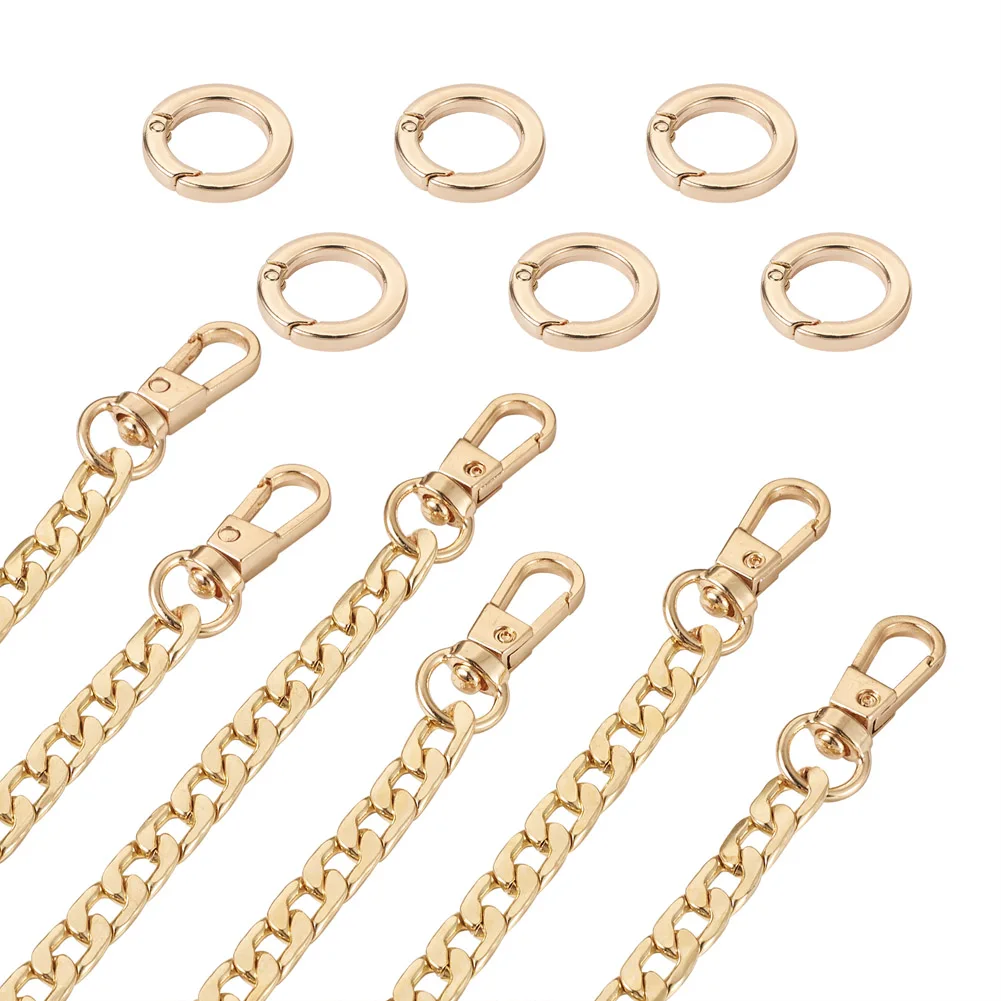 3pcs 1.2m Golden Alloy Curb Chain Bag Straps with 6pcs Alloy Spring Gate Rings Buckle Shoulder Strap Bag Replacement Accessories