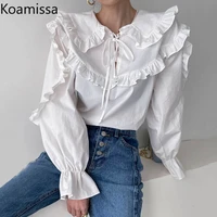 koamissa women sweet ruffled blouse lace up solid lady peter pan collar shirt 2022 spring fashion sweet blusas rupa mujer tops