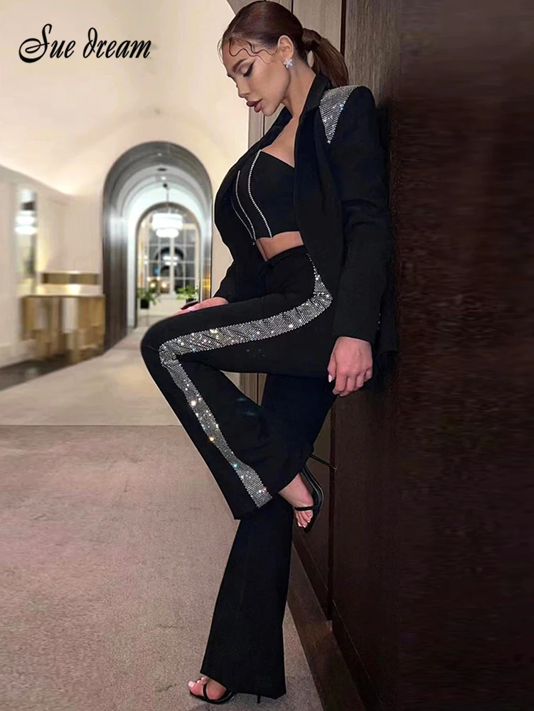 

Высокое качество, черный топ с бриллиантами, комплект из двух предметов, облегающий, искусственный шелк, бандажный комплект, вечерние, сексу...