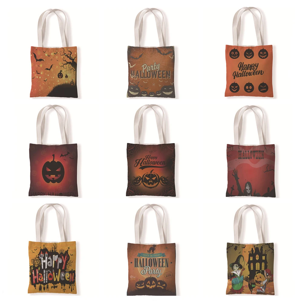 

Halloween Linen Casual Tote Bag Pumpkin Foldable Shopping Bag Lady Shoulder Bag Lady Handbag Beach Bag