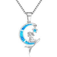blue opal mermaid pendant necklace 925 sterling silver moon women pendant for gift