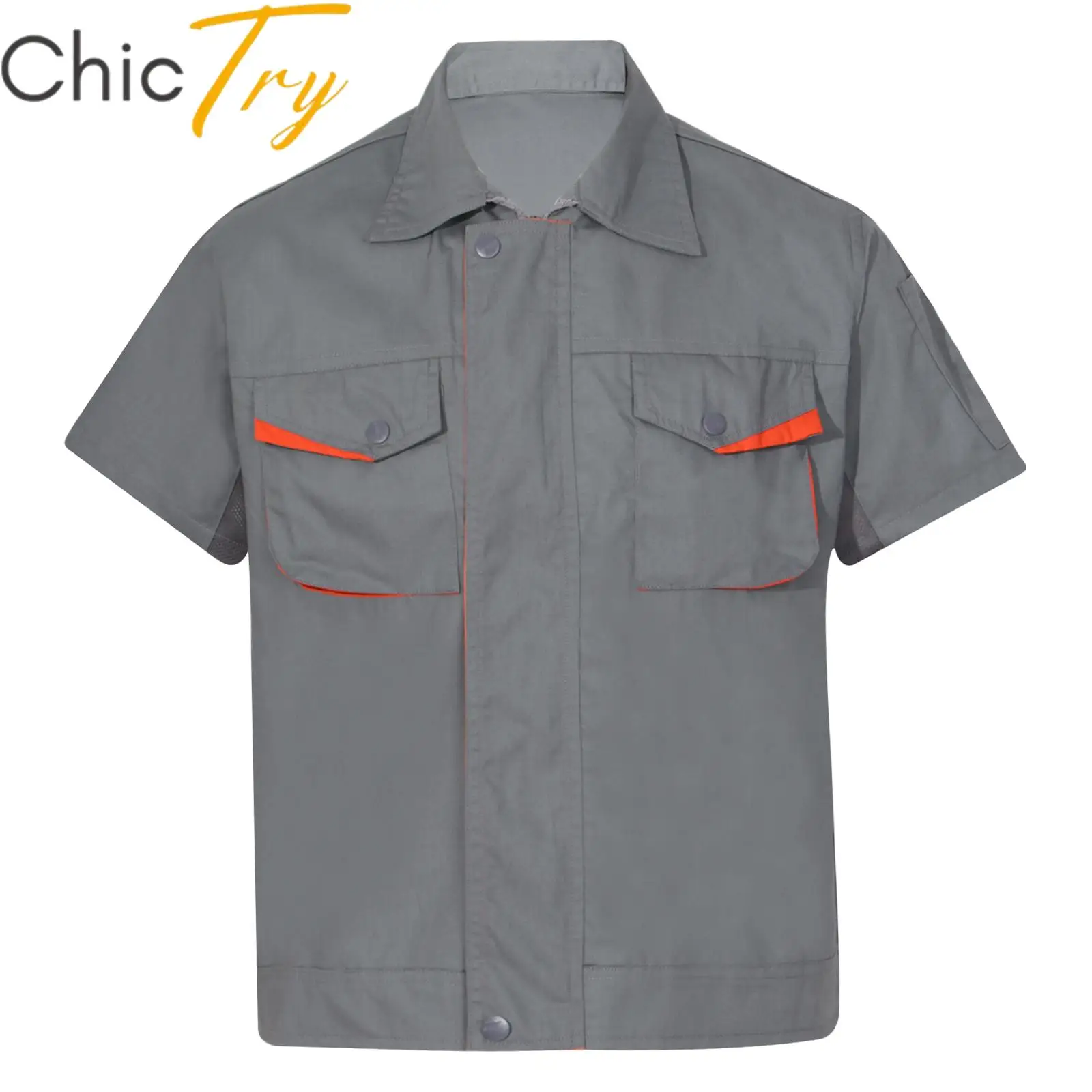 Mens Short Sleeve Work Shirt Adults Work Jacket Zipper Button Pockets Factory Auto Mechanic Workshop Uniform Casual Gray Blouse