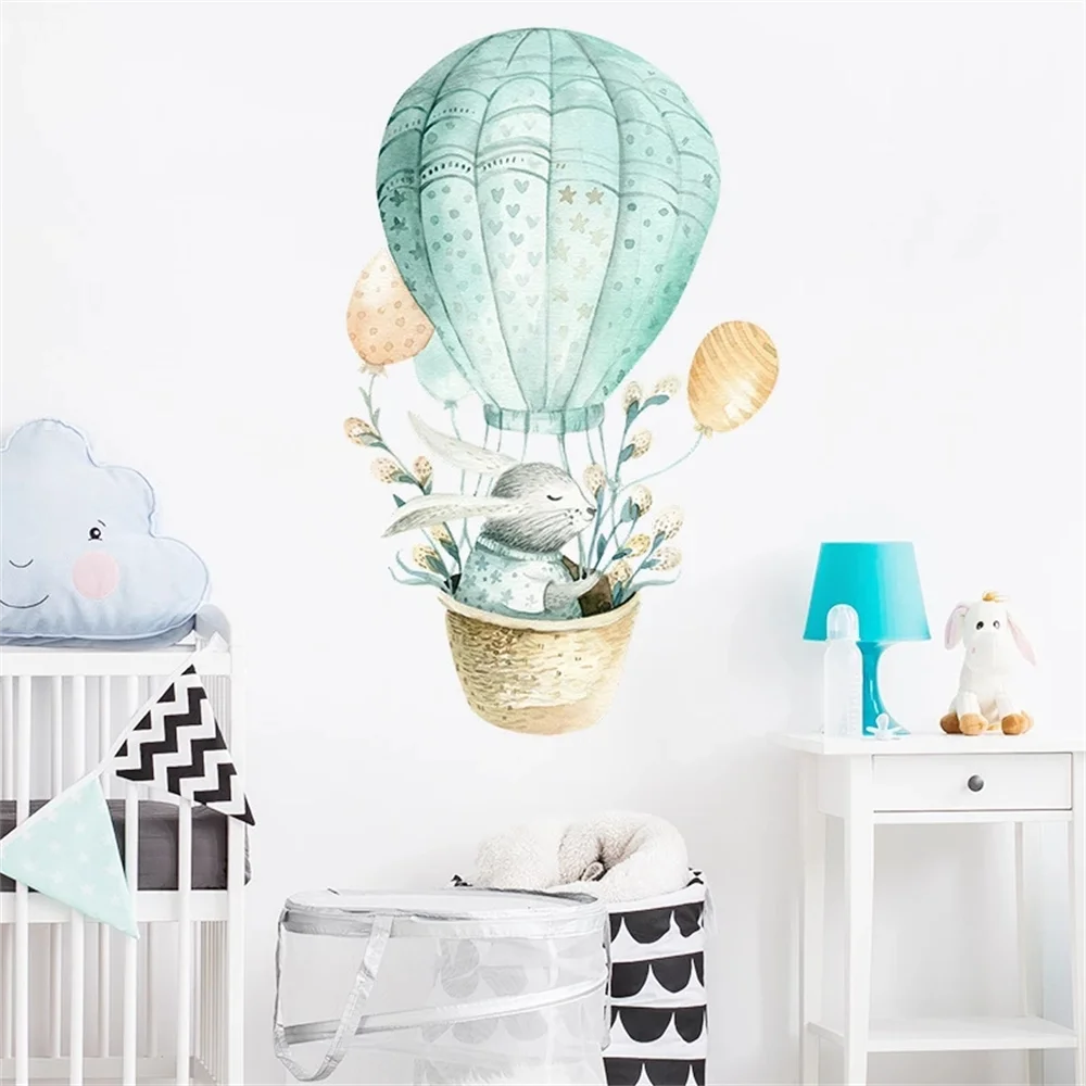 

Watercolor Green Rabbit Hot Air Balloon Wall Stickers for Kids Room Bedroom Home Decor Wall Decals Baby Nursery Home Decoration