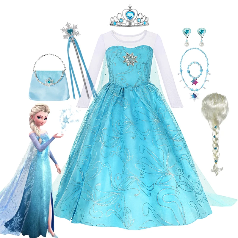 Children's Snow Queen Elsa Cosplay Costume Girls Disney Frozen Elsa Princess Dress Kids Long Sleeve Sequins Clothes for Birthday