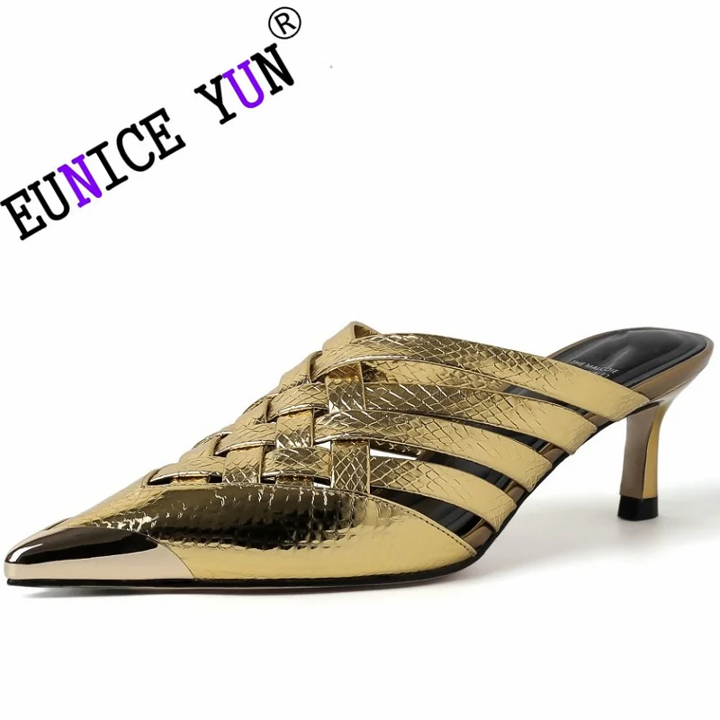 

【EUNICE YUN】Gold Braid Genuine Leather Slippers Strap Weave Sexy Pointed Toe Shallow Slip On Fashion Slides Shoes 33-40