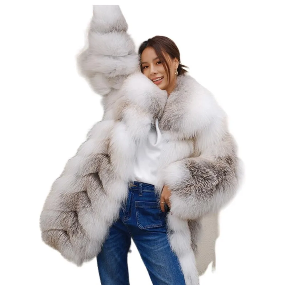 New V Real Fox Fur Coat Ladies Mid Length Hooded Jacket Luxury High Quality Elegant Full Fur Long Coat Thick Jacket For Women