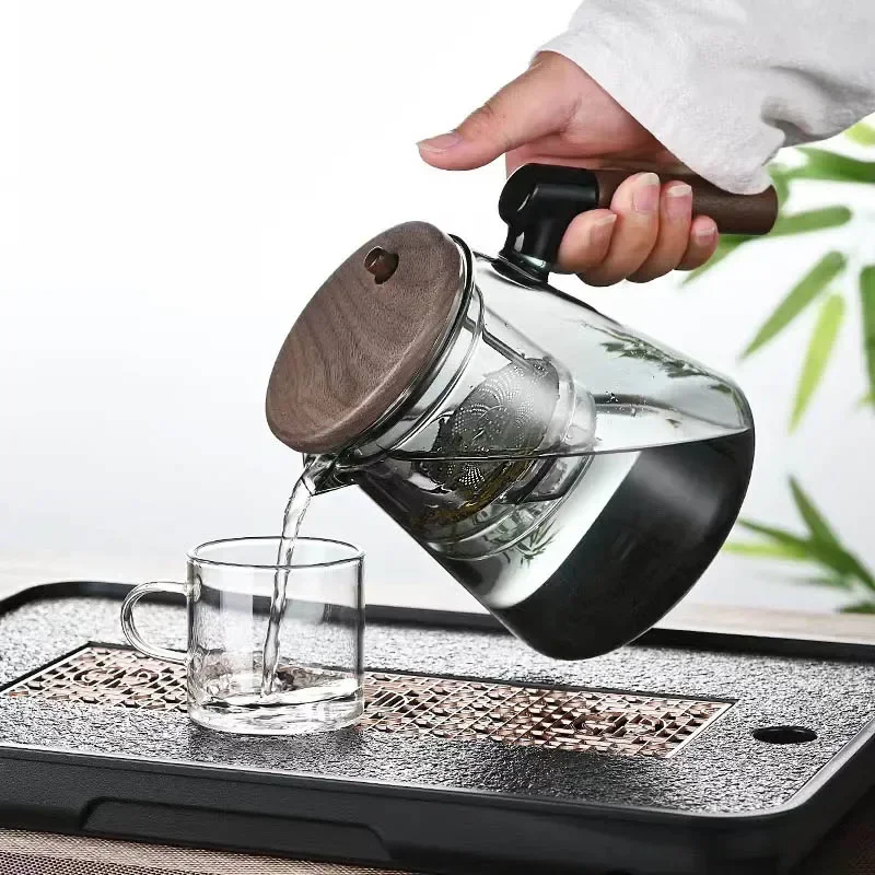 1Pcs Glass Teapot With Sided Wooden Handle High Temperature Resistant Filter Kungfu Tea Set Perfect For Home Office