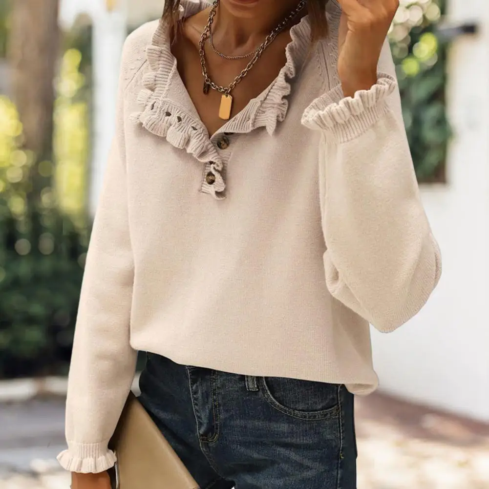 Женский свободный свитер женский осенне-зимний вязаный с оборками и длинным