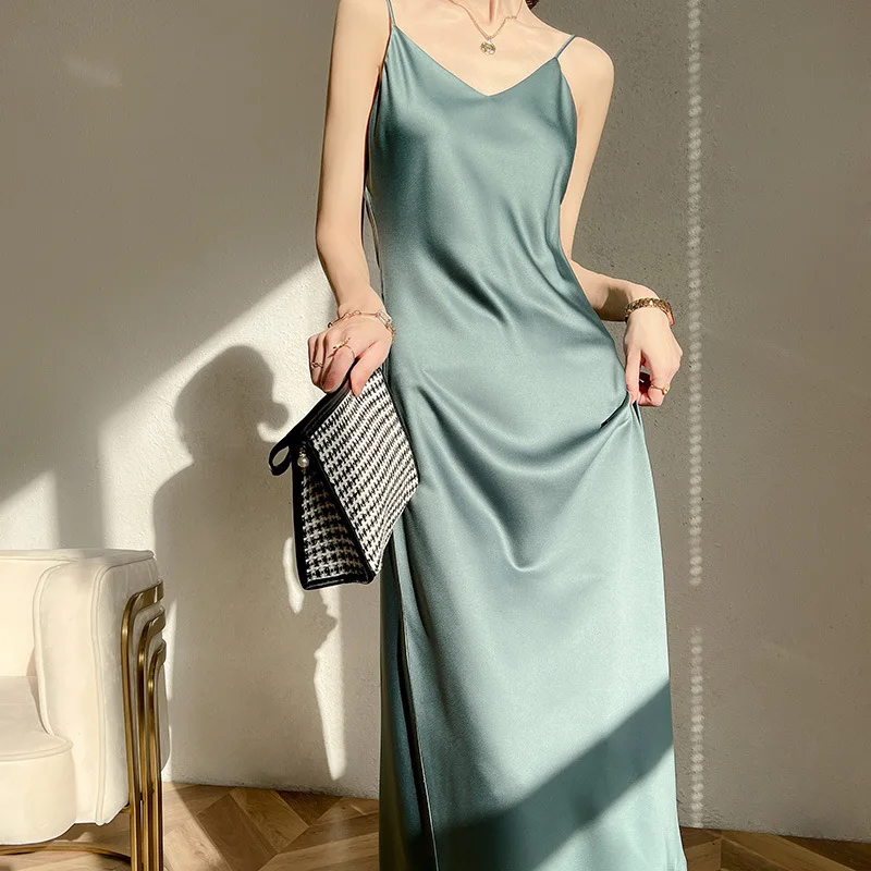 

Женское платье на бретельках, элегантное свободное однотонное платье во французском стиле с V-образным вырезом и высокой талией, длинное приталенное платье, весна-лето