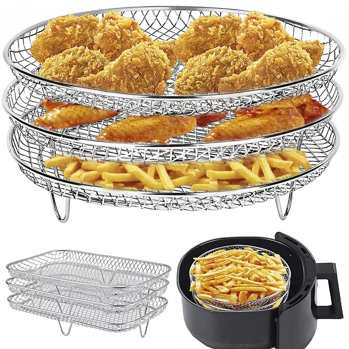 

Air Fryer Basket Roasting Rack Stainless Steel BBQ Grill Three Stackable Steamer Racks For Ninja Air Fryer Kitchen Accessories