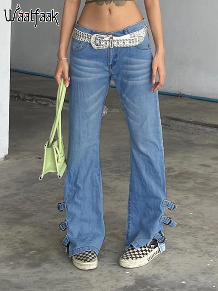 

Waatfaak Blue Denim Low Rise Jeans Buckle Punk Splice Y2K Jeans Low Waist Casual Vintage Aesthetic Streetwear Cargo Pants Women