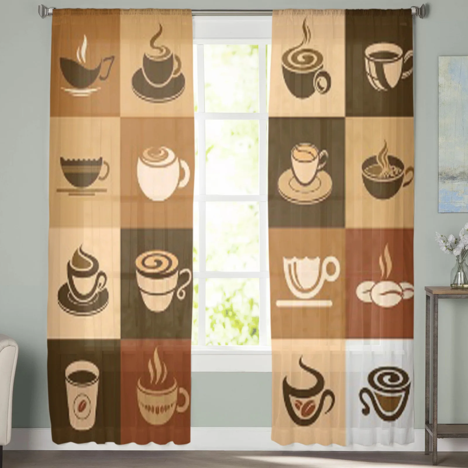 Оконная занавеска с кофейной и чайной чашкой s прозрачная шифоновая Тюлевая для