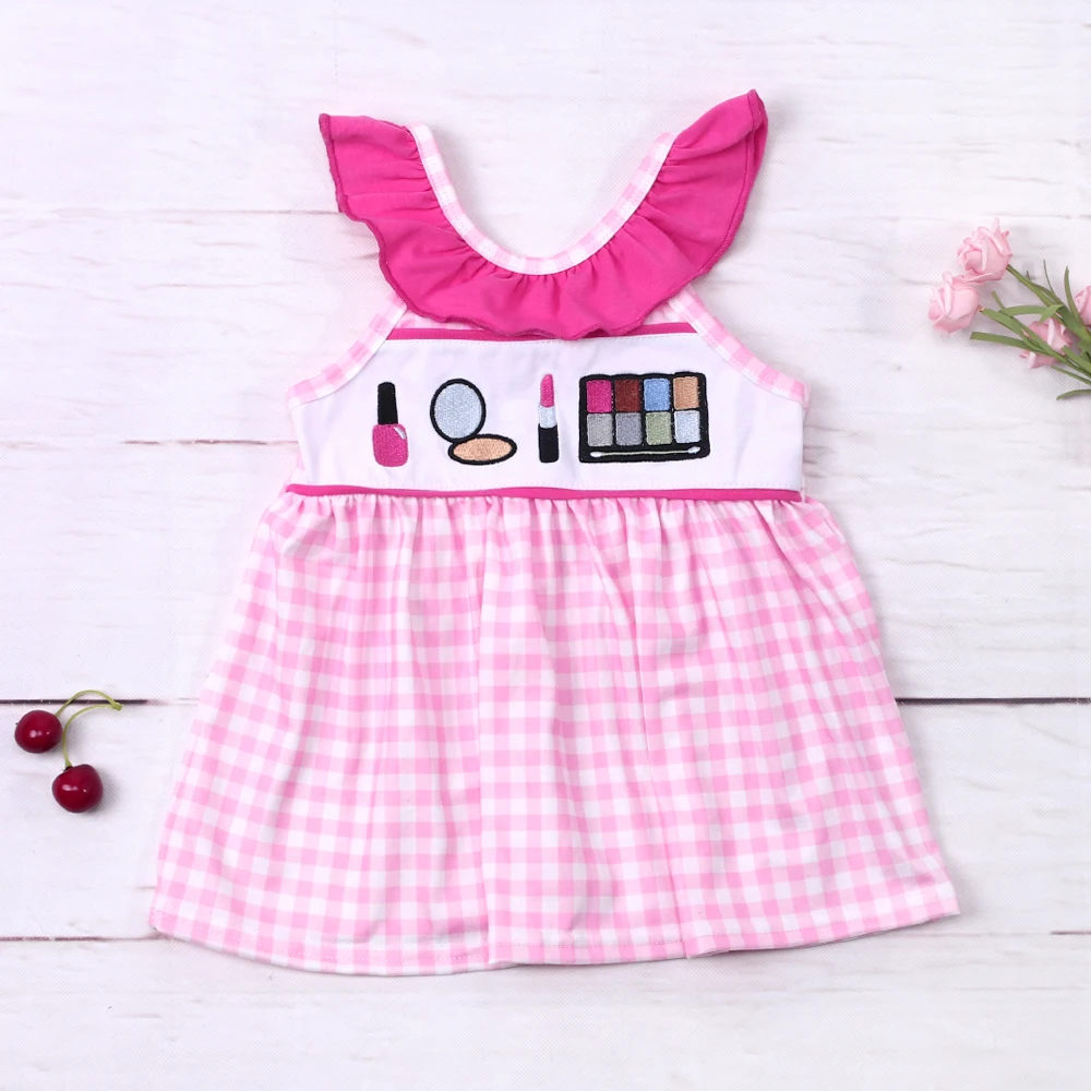 Baby Girls 1-8T Dress Bow One Piece Summer Bebe Cosmetic Embroidery Clothes Bodysuit Sweet Skirt Pink Lattices Outfit Toddler