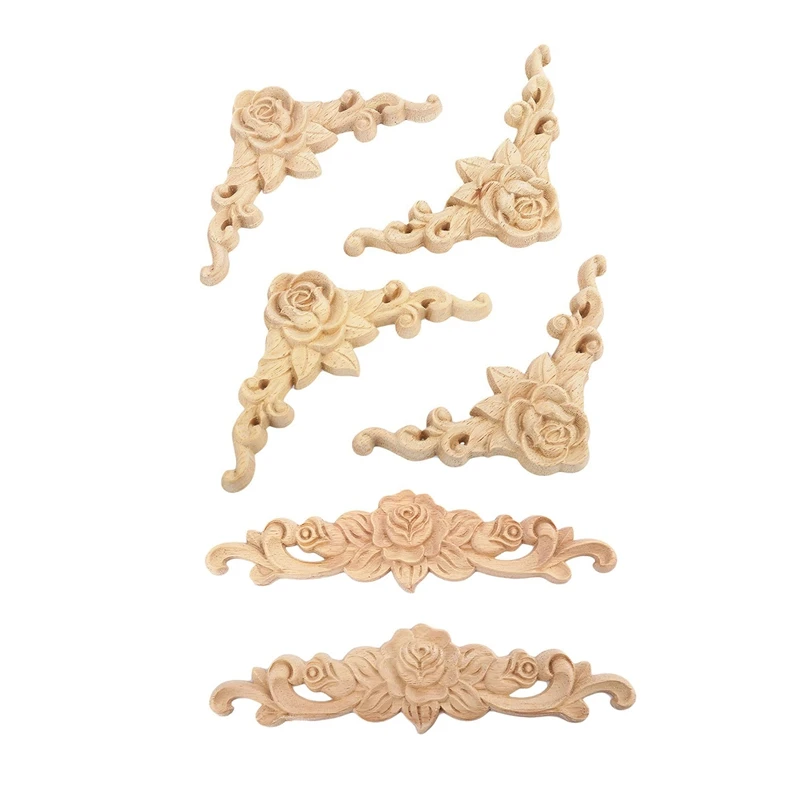 

12 Pcs Wood Carved Long Onlay Applique Unpainted Rose Flower Door Home Decor European Style, 2Pcs 20X5cm & 10Pcs 8X8cm