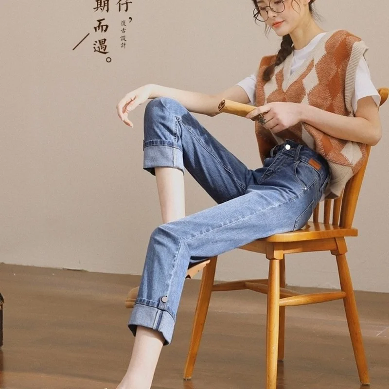 Rolled Jeans Women's Straight Loose 2022 New Spring and Summer Thin Nine-point Pants High Waist Cigarette Pants Women