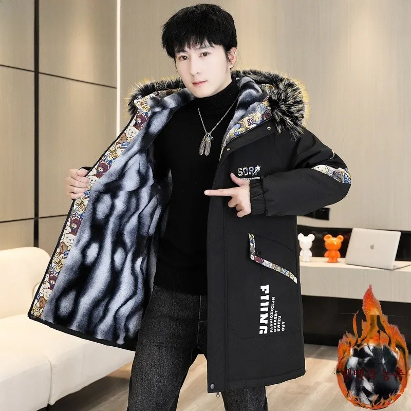 Hengyuanxiang Youth Winter Loose Cotton-padded jacket Outerwear Men's Mid-Length Fashion Hood Fleece-lined Thickened Parka Fa...