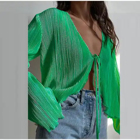 Sexy White Lace-Up Women'S Shirts Summer Autumn Long Sleeve Blouses Ladies Fashion Pleated Top Female Clothing 2022