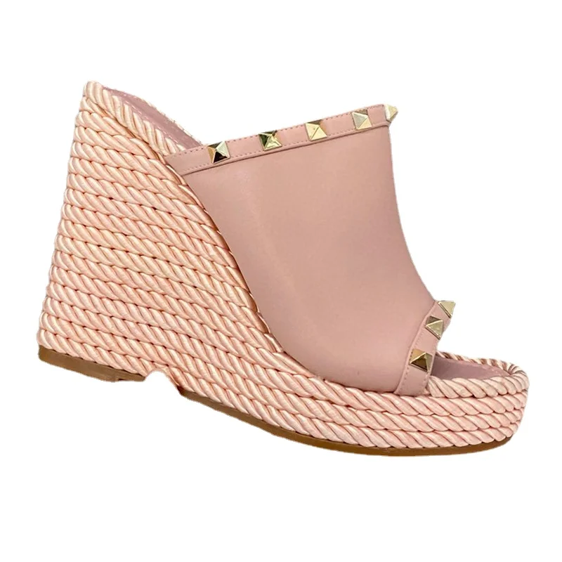 

Женские туфли из натуральной кожи, сандалии на платформе, с заклепками, плетеная пеньковая веревка, Повседневные тапочки для банкета, лето