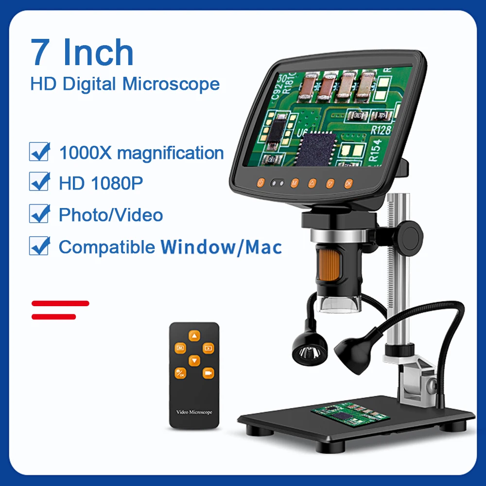 

1080FHD video microscope 7 inch 1000X HD microscope 8 LED adjustable lights 10~40mm Focal Length remote control
