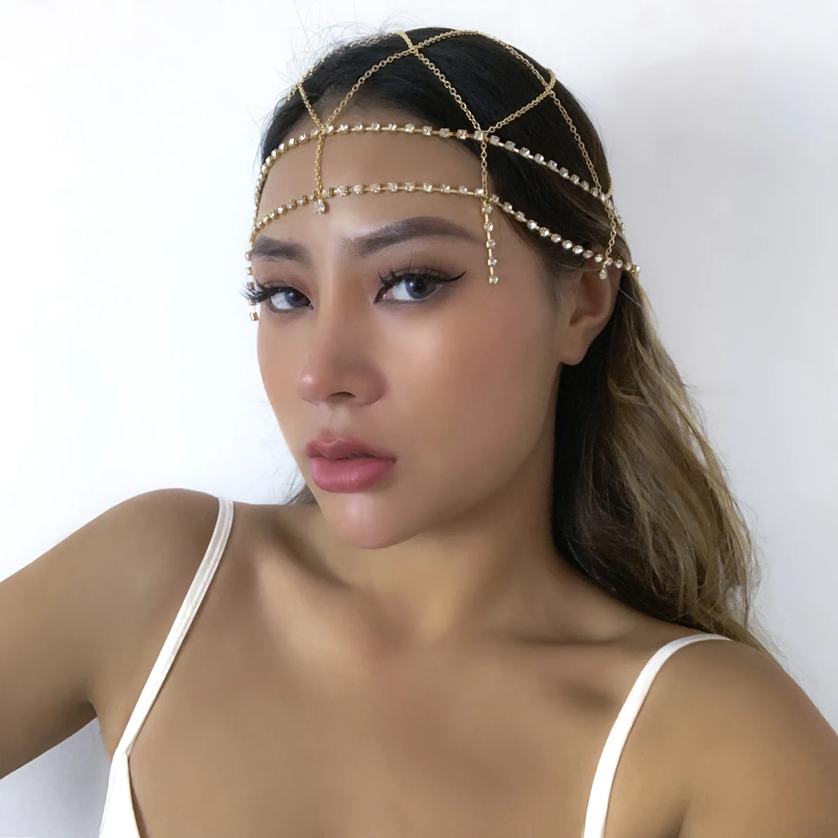 

IngeSight.Z Bohemian Rhinestone Bridal Cross Headband Chain for Women Wedding Crystal Forehead Headband Hair Accessories