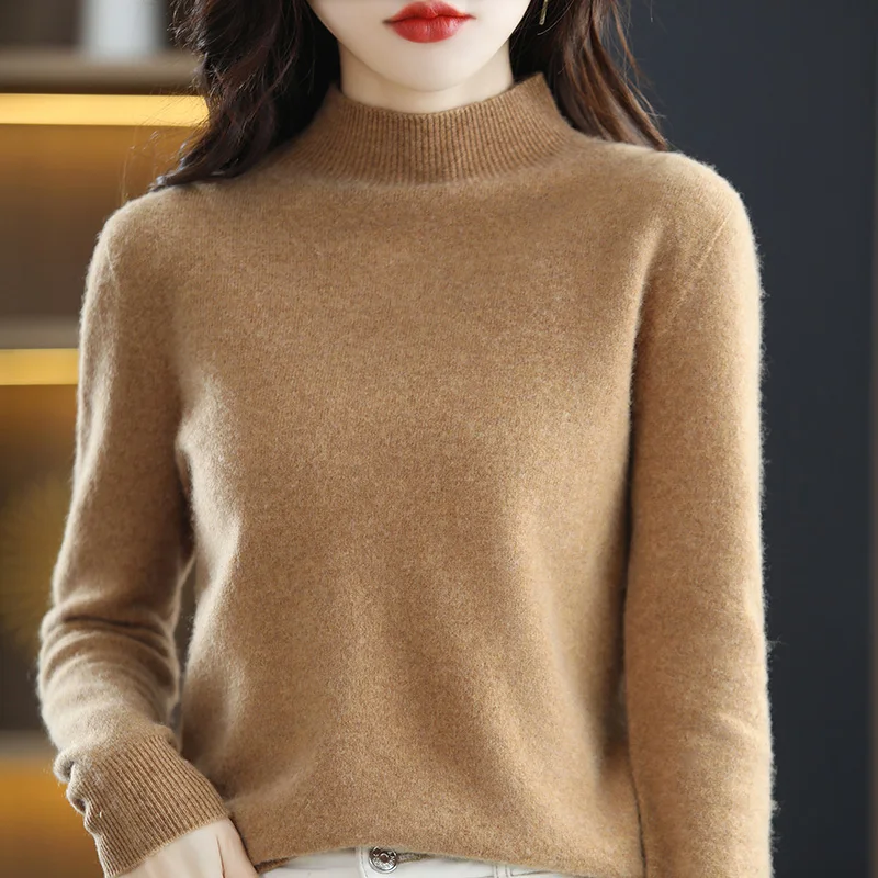 

Fall/Winter Women 100% Wool Pullover Half Turtleneck Women's Sweater Long Sleeve Basic Seamless and Knit Top
